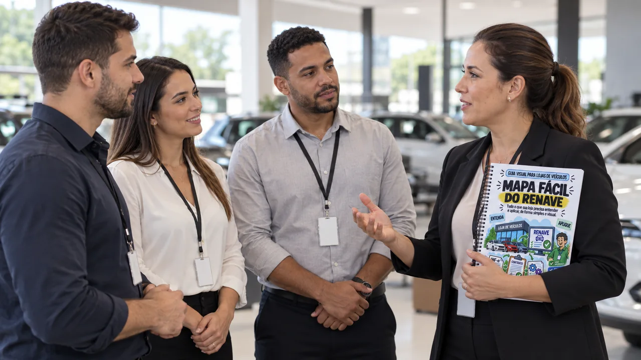 Gestora orientando a equipe da loja com o Mapa Fácil do RENAVE